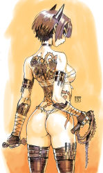 Rule 34 | 1girl, ass, back tattoo, breasts, choker, flower, from behind, fundoshi, gloves, horns, japanese clothes, kunai, looking back, medium breasts, original, po-ju, rose, sarashi, short hair, solo, standing, tattoo, thighhighs, thighs, weapon, wedgie, whip