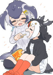 Rule 34 | 2girls, ^ ^, anchor hair ornament, appleq, atlantic puffin (kemono friends), bird tail, bird wings, black hair, blue hair, blue whale (kemono friends), blush, cardigan, cetacean tail, chips (food), closed eyes, commentary request, feeding, fins, fish tail, food, glasses, grey hair, hair ornament, hand up, happy, head fins, head wings, highres, holding, holding food, hugging own legs, jacket, japari symbol, kemono friends, knees up, long sleeves, medium hair, multicolored hair, multiple girls, open clothes, open mouth, orange hair, potato chips, red hair, scarf, shoes, short hair, sidelocks, sitting, skirt, smile, socks, sweater, tail, teeth, turtleneck, turtleneck sweater, upper teeth only, whale tail (clothing), white hair, wings