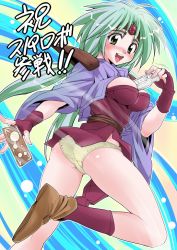 Rule 34 | 1990s (style), 1girl, ass, bad id, bad pixiv id, between breasts, blush, breasts, circlet, cleavage, endou masatoshi, fingerless gloves, game console, gloves, green eyes, green hair, haou taikei ryuu knight, large breasts, long hair, looking back, matching hair/eyes, paffy pafuricia, panties, pantyshot, solo, underwear, wii