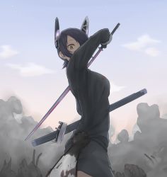 Rule 34 | 1girl, abyssal ship, blood, blood on clothes, blue eyes, day, enosan, hair over one eye, headgear, highres, incoming attack, kantai collection, outdoors, sheath, short hair, sword, tenryuu (kancolle), weapon, yellow eyes