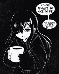 Rule 34 | 1girl, absurdres, black background, cup, english text, fluoride brain, greyscale, hair over one eye, highres, holding, holding cup, long hair, long sleeves, looking at viewer, mole, mole under eye, monochrome, one eye covered, open mouth, original, oversized clothes, ringed eyes, sidelocks, simple background, sleeves past wrists, solo, speech bubble, sweater, upper body