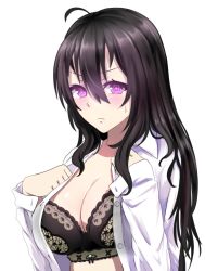 Rule 34 | &gt;:(, 1girl, ahoge, antenna hair, bad id, bad pixiv id, beifeng han, black bra, blouse, blush, bra, breasts, chinese text, cleavage, dressing, female focus, frown, glowing, hair between eyes, large breasts, long hair, looking at viewer, miyaura sanshio, open clothes, open shirt, original, shirt, simple background, solo, underwear, v-shaped eyebrows, white shirt