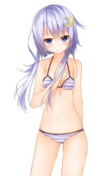 Rule 34 | 10s, 1girl, arm behind back, bikini, breasts, crescent, crescent hair ornament, hair ornament, hand on own chest, highres, kantai collection, looking at viewer, mizushina minato, purple eyes, purple hair, short hair, short hair with long locks, small breasts, solo, striped bikini, striped clothes, swimsuit, white background, yayoi (kancolle)
