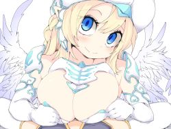 Rule 34 | 2girls, armor, blonde hair, blue eyes, blush, breasts, cleavage, closed mouth, elbow gloves, feathered wings, frfr, futanari, futanari pov, pov, gloves, highres, implied futanari, implied paizuri, large breasts, looking at viewer, multiple girls, original, pointy ears, pov, shoulder armor, smile, thighhighs, white gloves, white headwear, white legwear, white wings, wings