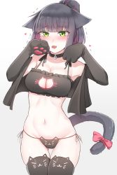 Rule 34 | 1girl, animal ears, arknights, armpits, bare shoulders, black bra, black choker, black hair, black jacket, black panties, black thighhighs, bra, breasts, cat cutout, cat ear panties, cat ears, cat girl, cat lingerie, cat tail, choker, cleavage, cleavage cutout, clothing cutout, cowboy shot, cropped jacket, frilled bra, frills, green eyes, groin, hands up, highres, jacket, jessica (arknights), k0ng, large breasts, long hair, looking at viewer, meme attire, multicolored hair, navel, off shoulder, open clothes, open jacket, open mouth, panties, paw pose, ponytail, ribbon, side-tie panties, solo, stomach, string panties, tail, tail ornament, tail ribbon, tears, thigh gap, thighhighs, thighs, two-tone hair, underwear, underwear only