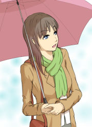 Rule 34 | 1girl, bag, blue eyes, brown hair, green scarf, handbag, happy, holding, holding umbrella, jacket, long hair, looking to the side, pink umbrella, scarf, simple background, smile, solvalou, two-tone background, umbrella, white background