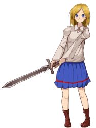 Rule 34 | 1girl, blonde hair, blue eyes, blue skirt, blush, boots, brown footwear, cross-laced footwear, elona, full body, lace-up boots, leather, leather boots, little girl (elona), long sword, medium hair, sansan15, shirt, simple background, skirt, smile, solo, sword, weapon, white background, white shirt