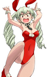 Rule 34 | 10s, 1girl, absurdres, alternate costume, anchovy (girls und panzer), animal ears, aono3, arms up, ascot, bad anatomy, breasts, cleavage, cowboy shot, detached collar, drill hair, fake animal ears, fishnet pantyhose, fishnets, girls und panzer, green hair, highres, leg up, leotard, long hair, looking at viewer, medium breasts, open mouth, pantyhose, playboy bunny, rabbit ears, red eyes, red footwear, red leotard, shoes, simple background, smile, solo, standing, standing on one leg, strapless, strapless leotard, twin drills, twintails, white background, wrist cuffs