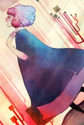 Rule 34 | 1girl, aqua hair, black pantyhose, dress, eyelashes, closed eyes, freckles, gris, gris (character), hand up, hungry clicker, long dress, medium hair, multicolored hair, music, pantyhose, pink hair, pink lips, profile, simple background, singing, solo, standing