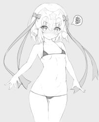 Rule 34 | 1girl, bad id, bad pixiv id, bell, bikini, blush, breasts, fate/grand order, fate (series), gluteal fold, greyscale, hair ribbon, headpiece, jeanne d&#039;arc (fate), jeanne d&#039;arc alter santa lily (fate), micro bikini, monochrome, navel, nose blush, open mouth, ribbon, short hair, small breasts, solo, swimsuit, zaiyasu