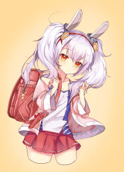Rule 34 | 1girl, absurdres, animal ears, azur lane, backpack, bag, bare shoulders, camisole, collarbone, cropped legs, echu, fingernails, gradient background, hair between eyes, hair ornament, hairband, highres, holding, holding own hair, jacket, laffey (azur lane), leaning to the side, long hair, long sleeves, looking at viewer, off shoulder, open clothes, open jacket, orange background, pink jacket, pleated skirt, rabbit ears, randoseru, red eyes, red hairband, red skirt, silver hair, skirt, solo, twintails, white camisole, wide sleeves