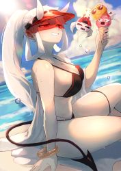 Rule 34 | 1girl, absurdres, bare arms, bare shoulders, bikini, black bikini, blue sky, bracelet, breasts, cleavage, cloud, commentary, day, demon tail, food, hand up, helltaker, highres, holding, holding food, horns, ice cream, ice cream cone, jewelry, large breasts, loremaster (helltaker), ocean, ohako (ohako1818), outdoors, ponytail, red eyes, sitting, sky, solo, stomach, swimsuit, tail, thighs, visor cap, water, white hair
