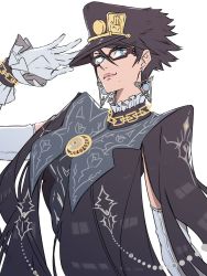 Rule 34 | 1girl, alternate hair length, alternate hairstyle, amulet, bayonetta, bayonetta (series), bayonetta 2, black hair, blue eyes, bodysuit, breasts, closed mouth, commission, drawing, earrings, elbow gloves, glasses, gloves, hair between eyes, hand on headwear, hat, highres, imdsound, jewelry, jojo no kimyou na bouken, kuujou joutarou, lips, lipstick, looking at viewer, makeup, mole, mole under mouth, short hair, simple background, sketch, smile, solo, white background