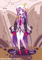 Rule 34 | 1girl, absurdly long hair, adapted costume, alternate costume, animal hat, ankle lace-up, bow, cat hat, column, crescent, crescent moon, cross-laced footwear, dress, expressionless, female focus, full body, garter belt, garter straps, hair bow, hat, ideolo, long hair, moon, necktie, no nose, panties, patchouli knowledge, pillar, platform footwear, purple eyes, purple hair, short dress, solo, thighhighs, touhou, underwear, very long hair
