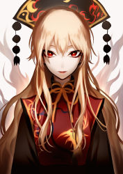 Rule 34 | 1girl, chinese clothes, crescent, energy, hair between eyes, highres, junko (touhou), lips, lipstick, long hair, long sleeves, makeup, mature female, orange hair, phoenix crown, red eyes, red lips, simple background, snowcake47, solo, tabard, tassel, touhou, tsurime, white background