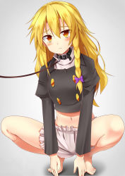 Rule 34 | 1girl, belt, belt collar, black belt, black jacket, blonde hair, bloomers, blush, bow, braid, buttons, closed mouth, collar, commentary request, cookie (touhou), crop top, frown, full body, hair bow, highres, jacket, kirisame marisa, leash, long hair, looking at viewer, navel, purple bow, rei (cookie), shirt, side braid, single braid, solo, squatting, szk, touhou, underwear, white background, white shirt, yellow eyes