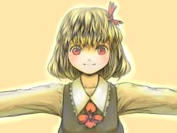Rule 34 | 1girl, blonde hair, circlek, embodiment of scarlet devil, female focus, hair ribbon, necktie, outstretched arms, red eyes, ribbon, rumia, short hair, solo, spread arms, touhou