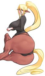 Rule 34 | 10s, 1girl, animal ears, ass, black panties, blonde hair, blue eyes, blush, breasts, centaur, centorea shianus, from behind, horse ears, huge breasts, impossible clothes, impossible sweater, long hair, looking back, lying, monster girl, monster musume no iru nichijou, on side, panties, pointy ears, ponytail, ribbed sweater, sagging breasts, scathegrapes, simple background, solo, sweater, taur, underwear