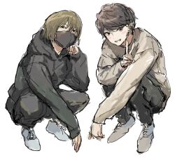 Rule 34 | 2boys, black hoodie, black mask, black pants, blush stickers, brown eyes, brown hair, brown sweater, commentary request, elbow on knee, elbow rest, full body, grin, hand up, hood, hoodie, jiz (pffbq), kiyo (youtuber), long sleeves, looking at viewer, male focus, mask, mouth mask, multiple boys, pants, real life, shoes, short hair, simple background, sketch, sleeves past wrists, smile, squatting, sweater, v, white background