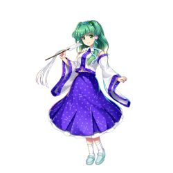Rule 34 | 1girl, blue hairband, blue skirt, closed mouth, detached sleeves, frog hair ornament, full body, game cg, gohei, green eyes, green hair, grey footwear, hair ornament, hair tubes, hairband, highres, holding, kochiya sanae, long skirt, looking at viewer, medium hair, mountain of faith, rotte (1109), shirt, simple background, skirt, snake hair ornament, socks, solo, third-party source, touhou, touhou lostword, white background, white shirt, white socks, wide sleeves
