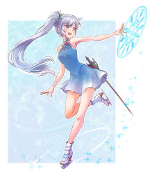 Rule 34 | 1girl, absurdres, adapted costume, bare shoulders, blue eyes, earrings, eyes visible through hair, full body, hair between eyes, high collar, highres, ice skates, iesupa, jewelry, long hair, magic circle, myrtenaster, necklace, pendant, ponytail, rapier, rwby, scar, scar across eye, scar on face, side ponytail, skates, solo, standing, standing on one leg, sword, tiara, weapon, weiss schnee, white hair
