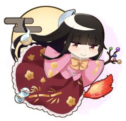 Rule 34 | 1girl, black hair, blunt bangs, branch, brown eyes, chibi, closed mouth, commentary, frilled skirt, frills, full body, hime cut, houraisan kaguya, jeweled branch of hourai, long hair, long skirt, long sleeves, looking at viewer, moon, nupeya, pink shirt, red skirt, shirt, simple background, skirt, sleeves past wrists, smile, solo, touhou, twitter username, watermark, wide sleeves