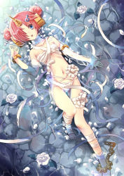 Rule 34 | 1girl, :o, bandages, blue eyes, bracelet, chain, cuffs, double bun, fate/grand order, fate (series), flower, frankenstein&#039;s monster (fate), frankenstein&#039;s monster (swimsuit saber) (fate), frankenstein&#039;s monster (swimsuit saber) (third ascension) (fate), hair bun, hair ornament, hair over one eye, hairclip, horns, jewelry, looking at viewer, lying, midriff, navel, on back, partially visible vulva, pink hair, rose, sarashi, shackles, shiroi sange, short hair, single horn, solo, water, white flower, white rose