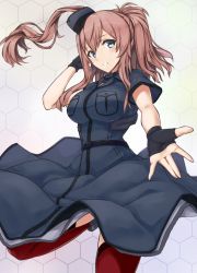 Rule 34 | 10s, 1girl, black dress, blue eyes, breast pocket, breasts, brown hair, cowboy shot, dress, enchuu, fingerless gloves, foreshortening, gloves, highres, honeycomb (pattern), honeycomb background, kantai collection, long hair, looking at viewer, pocket, ponytail, red thighhighs, saratoga (kancolle), saratoga mk ii (kancolle), side ponytail, solo, thighhighs, white background