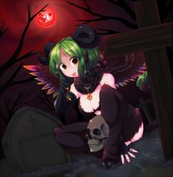 1girl :p animal_ears baphomet_(mythology) bone breasts cross dark demon female_focus green_hair horns moon nature night outdoors plant short_hair sky solo tombstone tongue tongue_out wings yellow_eyes