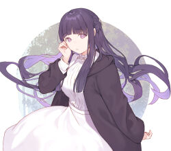 Rule 34 | 1girl, black coat, coat, dress, fern (sousou no frieren), fifuth, hand on own cheek, hand on own face, long hair, looking at viewer, parted lips, purple eyes, purple hair, solo, sousou no frieren, straight hair, white dress