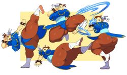Rule 34 | 1girl, absurdres, ass, bracelet, breasts, brown eyes, brown hair, capcom, chinese clothes, chun-li, closed eyes, curvy, earrings, eric lowery, fallen down, hair bun, highres, huge ass, huge breasts, jewelry, jumping, kicking, looking away, looking back, lying, on back, open mouth, pantyhose, simple background, single hair bun, solo, spiked bracelet, spikes, split, standing, standing on one leg, standing split, street fighter, thick thighs, thighs, white background, wide hips