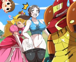Rule 34 | 1boy, 3girls, ^^^, animal crossing, armor, assisted exposure, black eyes, black hair, blonde hair, blush, blush stickers, bra, breasts, brown hair, capri pants, clothes writing, cloud, colored skin, covered erect nipples, crown, day, dress, elbow gloves, embarrassed, eric lowery, frills, gloves, grey eyes, heart, highres, jewelry, long hair, mario (series), medium breasts, metroid, multiple girls, nature, nintendo, no panties, nose, pants, pantsing, parted bangs, pink dress, ponytail, princess peach, pussy, samus aran, sky, smile, super smash bros., surprised, sweatdrop, tree, uncensored, underwear, villager (animal crossing), wavy mouth, white skin, wide hips, wii fit, wii fit trainer, wii fit trainer (female)