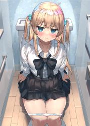 Rule 34 | 1girl, absurdres, ahoge, black bow, black skirt, blonde hair, blue eyes, bow, bowtie, breasts, closed mouth, collared shirt, commentary request, copyright request, feet out of frame, highres, indoors, long hair, long sleeves, looking at viewer, medium breasts, panties, panty pull, pleated skirt, ranf, shirt, sidelocks, sitting, skirt, solo, tearing up, thighhighs, toilet, toilet use, two side up, underwear, white shirt, white thighhighs
