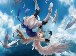 Rule 34 | 1girl, angel, angel wings, backless outfit, bird, black gloves, black thighhighs, blue eyes, blue sky, boots, cloud, elbow gloves, falling, feathers, gauntlets, gloves, mizuhanada, open mouth, original, shirt, silver hair, skirt, sky, solo, tears, thighhighs, upside-down, wings, zettai ryouiki