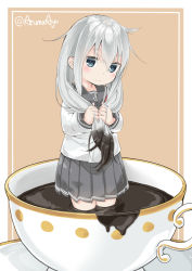 Rule 34 | 10s, 1girl, anchor symbol, aruma (sawayaka tokuko miruku), blue eyes, blush, brown background, chocolate, closed mouth, colored tips, commentary request, cup, food on hair, gold trim, grey hair, grey skirt, hair between eyes, hibiki (kancolle), highres, holding, holding hair, in container, in cup, kantai collection, long hair, long sleeves, looking at viewer, mini person, minigirl, multicolored hair, no headwear, pleated skirt, saucer, school uniform, serafuku, shirt, skirt, smile, solo, standing, teacup, twitter username, valentine, very long hair, wading, white background, white shirt