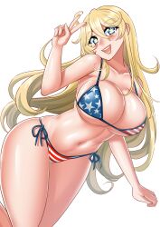 Rule 34 | 1girl, absurdres, american flag bikini, bikini, blonde hair, blue eyes, breasts, cleavage, collarbone, commentary, commission, english commentary, feet out of frame, flag print, highres, iowa (kancolle), kantai collection, katou shinobu, large breasts, long hair, mixed-language commentary, pixiv commission, side-tie bikini bottom, smile, solo, star-shaped pupils, star (symbol), swimsuit, symbol-shaped pupils, teeth, v