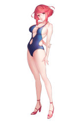 Rule 34 | 1girl, absurdres, arm behind back, bare arms, bare shoulders, blue one-piece swimsuit, breasts, cleavage, closed mouth, clothing cutout, commentary request, feet, female focus, full body, green322, head tilt, high heels, highres, lips, long legs, looking at viewer, matching hair/eyes, medium breasts, navel, navel cutout, nintendo, one-piece swimsuit, pyra (xenoblade), red eyes, red footwear, red hair, shiny skin, short hair, sidelocks, simple background, solo, standing, swimsuit, thighs, toeless footwear, toes, white background, xenoblade chronicles (series), xenoblade chronicles 2