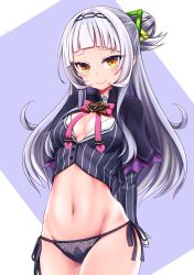 Rule 34 | 1girl, absurdres, arms behind back, blunt bangs, breasts, commentary request, groin, hair bun, hair ornament, highres, hime cut, hololive, long hair, looking at viewer, murasaki shion, murasaki shion (1st costume), panties, pinstripe pattern, pinstripe shirt, ribbon, shirt, side-tie panties, silver hair, simple background, single hair bun, single side bun, small breasts, smile, solo, string panties, striped clothes, striped shirt, summer wind (ntsksp), underwear, vertical-striped clothes, vertical-striped shirt, virtual youtuber, yellow eyes