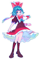 Rule 34 | 1girl, absurdres, blunt bangs, boots, bow, bowtie, commentary, cross-laced footwear, dress, frilled bow, frilled ribbon, frilled shirt collar, frills, full body, green eyes, green hair, hair bow, highres, kagiyama hina, looking at viewer, medium hair, muse dash, petticoat, puffy short sleeves, puffy sleeves, red bow, red dress, red footwear, red ribbon, ribbon, short sleeves, smile, solo, touhou, twitter username, wristband, yadoyuki