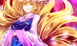 Rule 34 | 1girl, blonde hair, commentary request, dress, fox girl, fox tail, kitsune, kutsuki kai, long sleeves, multiple tails, one-hour drawing challenge, purple background, short hair, solo, tabard, tail, touhou, white dress, wide sleeves, yakumo ran