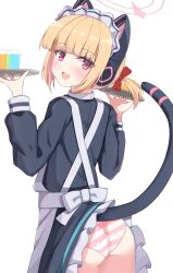 Rule 34 | 1girl, absurdres, animal ear headphones, animal ears, apron, ass, back bow, black dress, blonde hair, blue archive, bow, cat ear headphones, cat tail, clothes lift, commentary, dress, dress lift, fake animal ears, fake tail, from behind, halo, headphones, highres, holding, holding tray, lifting own clothes, lifted by tail, long sleeves, looking back, maid, maid apron, maid headdress, momoi (blue archive), momoi (maid) (blue archive), panties, pink eyes, pink halo, pink panties, puffy long sleeves, puffy sleeves, short hair, simple background, solo, striped clothes, striped panties, symbol-only commentary, tail, tray, two side up, underwear, uro kohara, white background, white bow