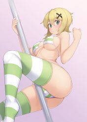 Rule 34 | 10s, 1girl, akatsuki kirika, alfort (may0508), ass, bikini, blonde hair, blush, breasts, cameltoe, closed mouth, covered erect nipples, dutch angle, gradient background, green eyes, hair ornament, highres, large breasts, looking at viewer, micro bikini, pink background, pole, pole dancing, purple background, senki zesshou symphogear, short hair, skindentation, smile, solo, striped clothes, striped thighhighs, stripper pole, sweat, swimsuit, thighhighs, x hair ornament