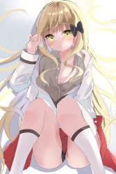Rule 34 | 1girl, black bow, blonde hair, blush, bow, breasts, casual, collarbone, hair bow, highres, knees together feet apart, large breasts, long hair, looking at viewer, polyethyle, princess connect!, saren (real) (princess connect!), skirt, solo, yellow eyes