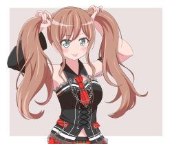 Rule 34 | 1girl, absurdres, alternate hairstyle, bang dream!, blush, breasts, brown hair, bunching hair, green eyes, highres, imai lisa, medium breasts, midriff, necktie, skirt, sleeveless, smile, tongue, tongue out, twintails