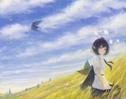 Rule 34 | 1girl, arm at side, belt, bird, bird wings, black hair, black ribbon, black skirt, black wings, blue sky, cloud, cowboy shot, crow, day, expressionless, eyelashes, feathered wings, fjsmu, grass, hat, hill, looking back, looking up, outdoors, petals, pine tree, pleated skirt, pointy ears, pom pom (clothes), red eyes, ribbon, shameimaru aya, shirt, short hair, short sleeves, skirt, sky, solo, standing, tall grass, tokin hat, touhou, tree, untucked shirt, white shirt, wind, wings