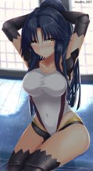 Rule 34 | 1girl, absurdres, arms behind head, black hair, blush, breasts, bunching hair, collarbone, commentary request, competition swimsuit, covered navel, fate/grand order, fate (series), highres, joints, katou danzou (fate), large breasts, long hair, one-piece swimsuit, poolside, robot joints, sebire, sitting, solo, swimsuit, taut clothes, taut swimsuit, twitter username, wavy mouth, white one-piece swimsuit, window, yellow eyes