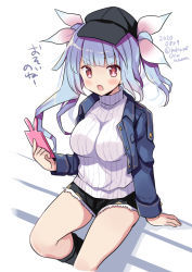 Rule 34 | 1girl, alternate costume, black headwear, black shorts, blue hair, blue jacket, breasts, cellphone, commentary request, cutoffs, denim, denim jacket, denim shorts, hair ribbon, i-19 (kancolle), jacket, kantai collection, large breasts, long hair, odawara hakone, one-hour drawing challenge, phone, red eyes, ribbed sweater, ribbon, short shorts, shorts, simple background, sitting, smartphone, solo, sweater, tri tails, white background, white sweater