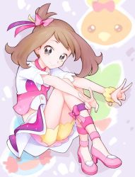 Rule 34 | 1girl, bow, buttons, closed mouth, commentary request, creatures (company), double w, eyelashes, full body, game freak, gen 3 pokemon, grey eyes, hair bow, high heels, kurochiroko, looking at viewer, may (pokemon), nintendo, pink footwear, pokemon, pokemon oras, scrunchie, shirt, short sleeves, shorts, shorts under skirt, smile, torchic, w, white shirt, wrist scrunchie