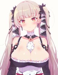 Rule 34 | 1girl, absurdres, arbiter1, azur lane, bare shoulders, between breasts, black dress, blush, breasts, cleavage, dress, earrings, feather dress, formidable (azur lane), frilled dress, frills, grey hair, hair ribbon, highres, jewelry, large breasts, long hair, looking at viewer, necktie, necktie between breasts, red eyes, ribbon, simple background, solo, twintails, two-tone dress, two-tone ribbon, upper body, very long hair, white background