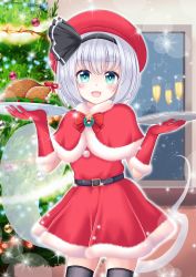 Rule 34 | 1girl, :d, absurdres, alternate costume, aqua eyes, arms up, belt, black hairband, black thighhighs, blush, bob cut, bow, bowtie, buckle, capelet, chicken (food), christmas, christmas ornaments, christmas tree, commentary request, cup, dot nose, dress, drinking glass, elbow gloves, food, fur-trimmed gloves, fur-trimmed skirt, fur trim, gloves, hairband, highres, hitodama, holding, holding plate, konpaku youmu, konpaku youmu (ghost), light particles, looking at viewer, open mouth, plate, red bow, red bowtie, red capelet, red dress, red gloves, red headwear, red skirt, reimei (r758120518), santa costume, short hair, silver hair, skirt, smile, solo, sparkle, standing, thighhighs, touhou, window, wine glass